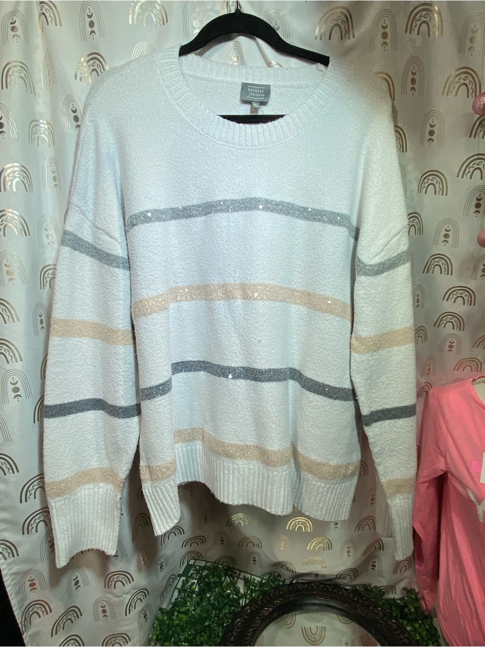 Cozy Cream Crewneck Sweater with Gray & Tan Sparkle Stripes